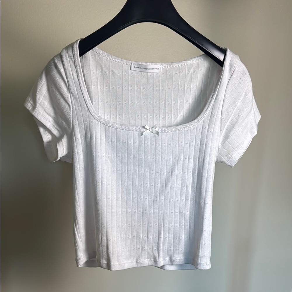 White Ribbed Short Sleeve Top with Bow